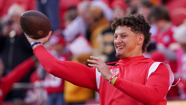Dec 10, 2023; Kansas City, Missouri, USA; Kansas City Chiefs quarterback Patrick Mahomes (15) warms up against the Buffalo Bills prior to a game at GEHA Field at Arrowhead Stadium. Mandatory Credit: Denny Medley-USA TODAY Sports  